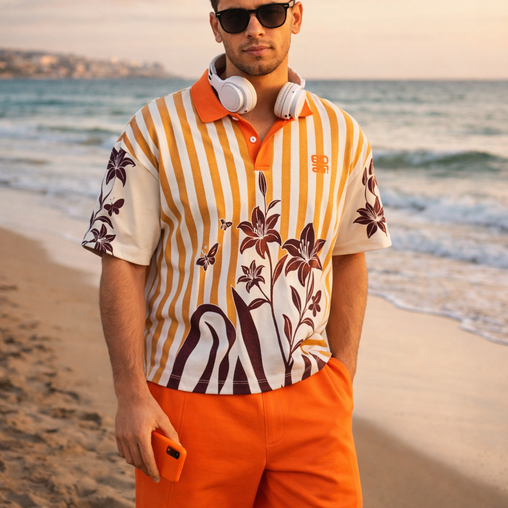 Floral Stripes Polo – Sand Dusk