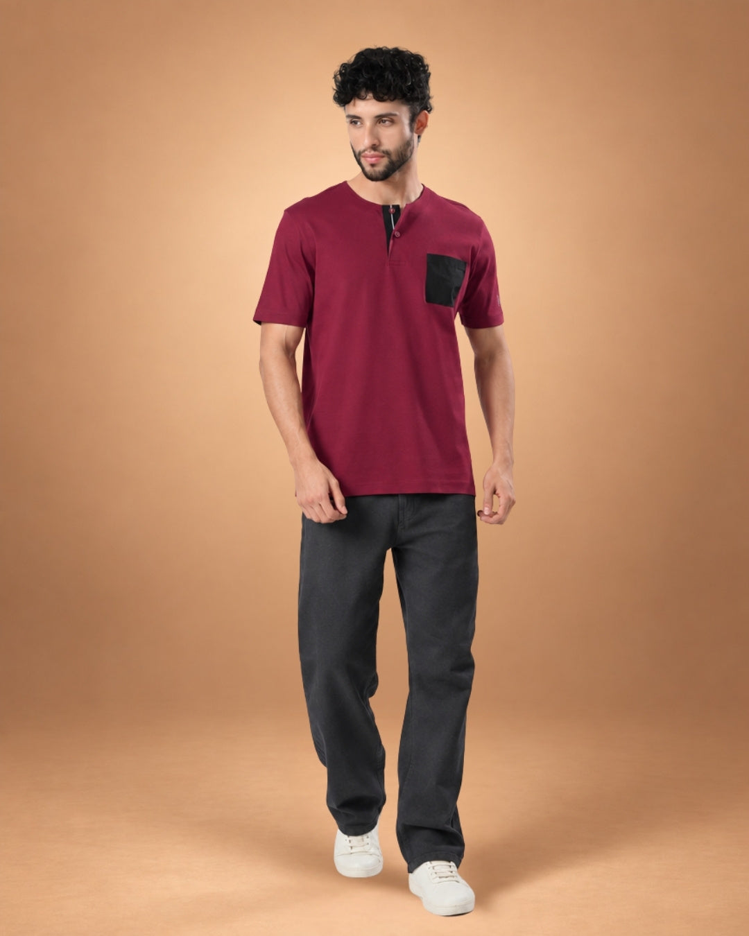 Contrast Pocket Henley – Crimson Red